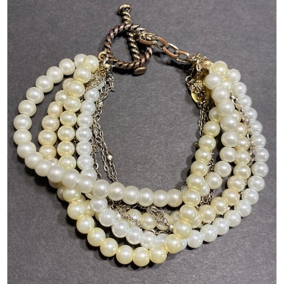 Erickson Beamon 8 Strand Faux Pearl Chain Toggle Bracelet Signed 8 3/4 in - Picture 2 of 8
